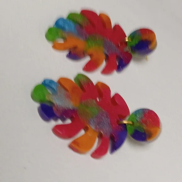 Hand Crafted Rainbow Monstera Leaf Earrings - Picture 3 of 4